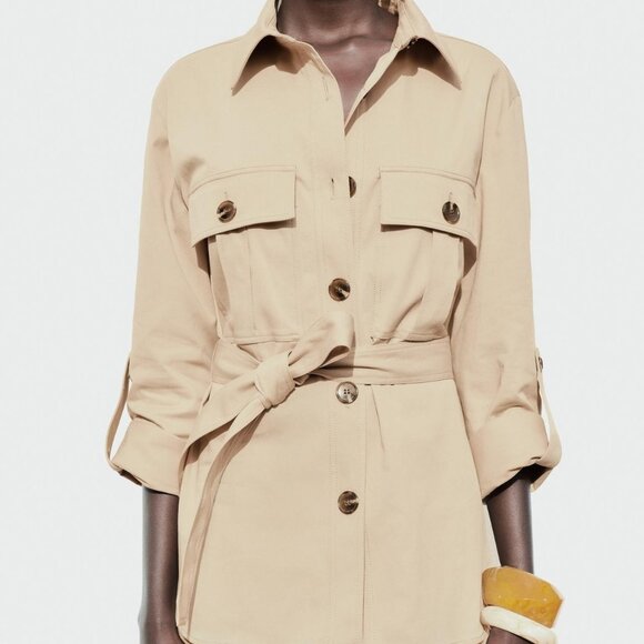Zara Tan Belted Utility Shirt Jacket - Size Large - Picture 5 of 7